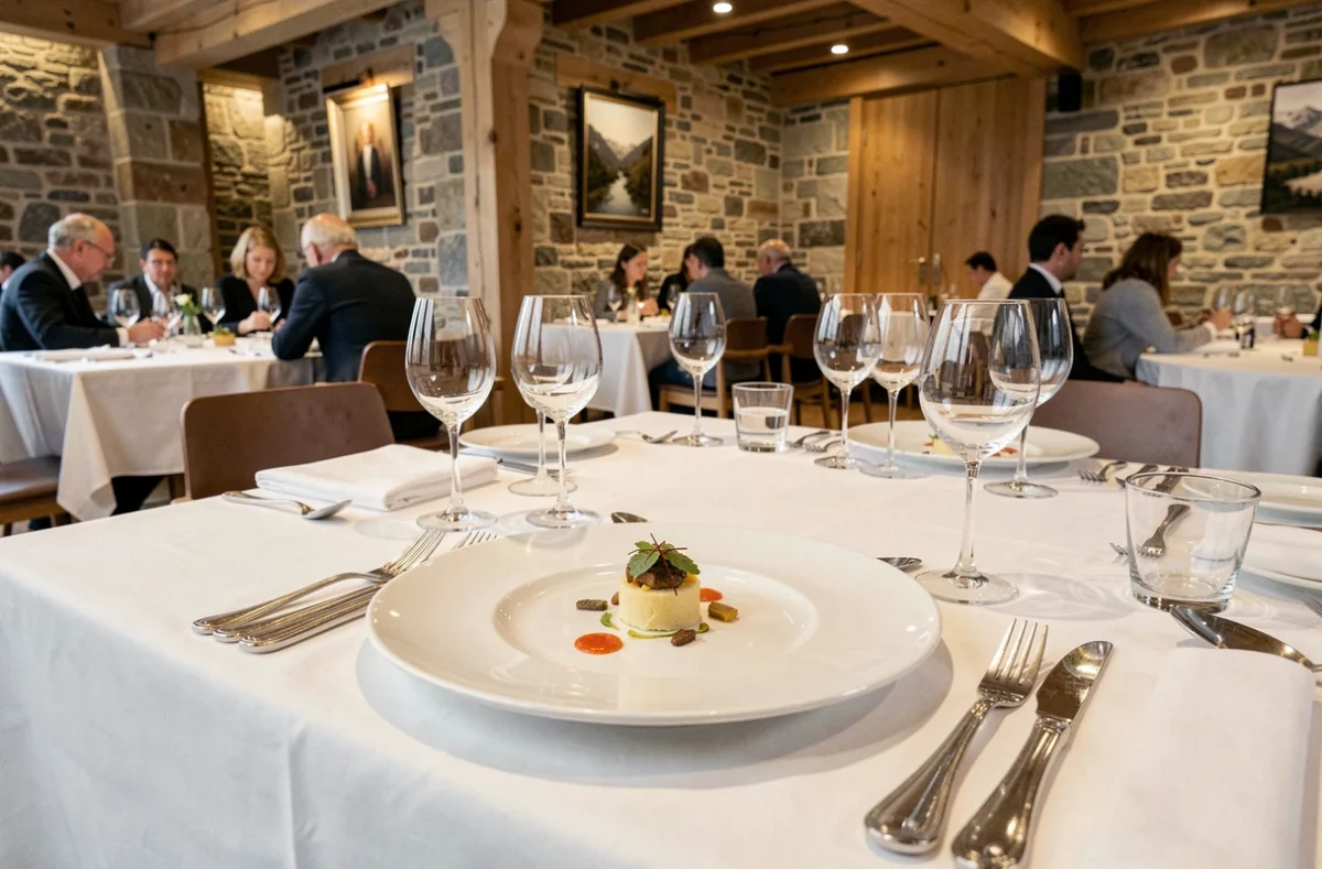 Table élégamment dressée dans un restaurant gastronomique étoilé d'Auvergne-Rhône-Alpes avec vaisselle fine et cadre en pierre