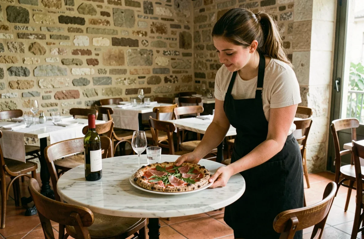 Salle intérieure élégante du restaurant Ripiano à Libourne avec pizza au prosciutto sur table en marbre