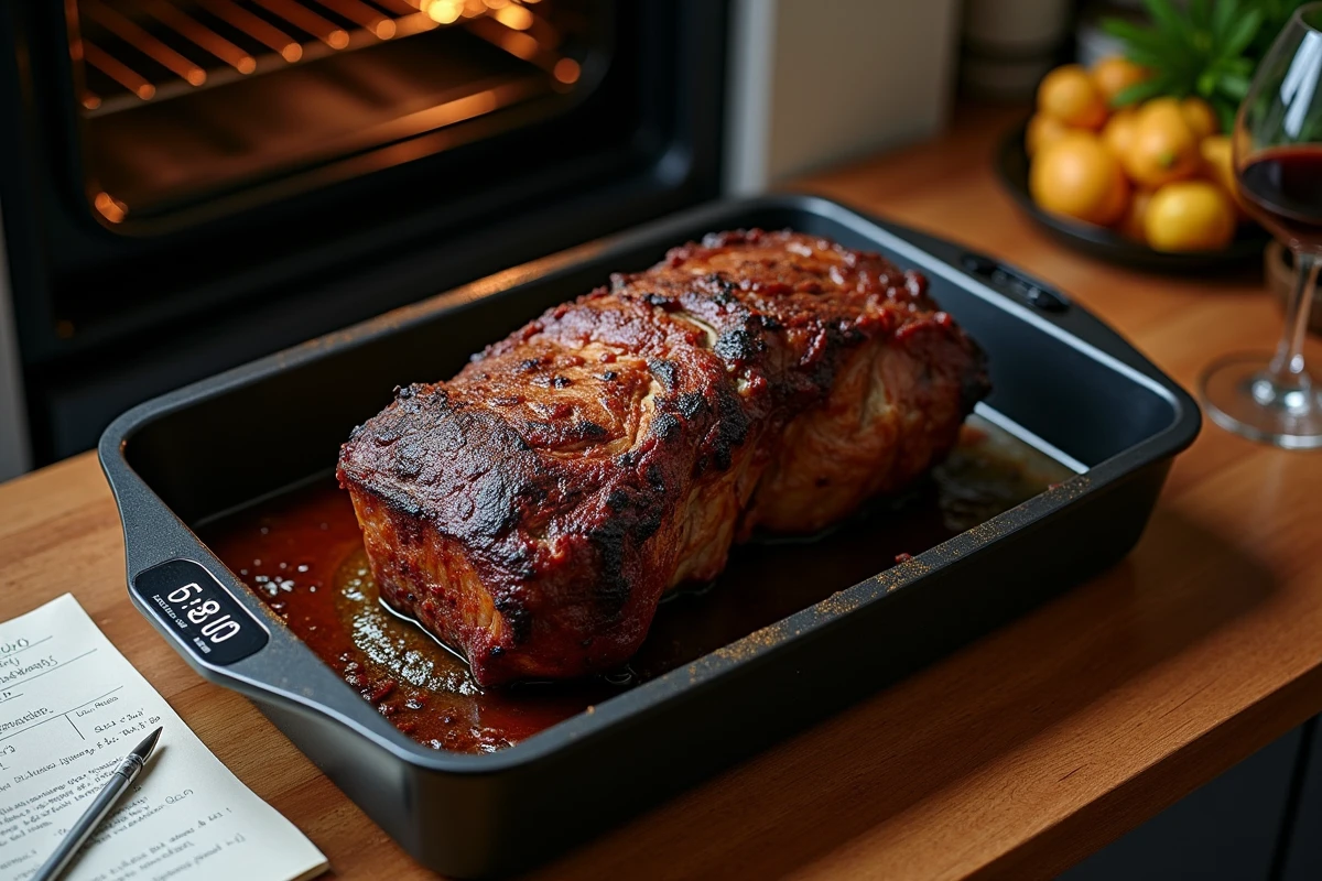 Rôti de bœuf bien cuit d'un kilogramme sortant du four dans un plat de cuisson avec minuterie et recette imprimée sur le plan de travail