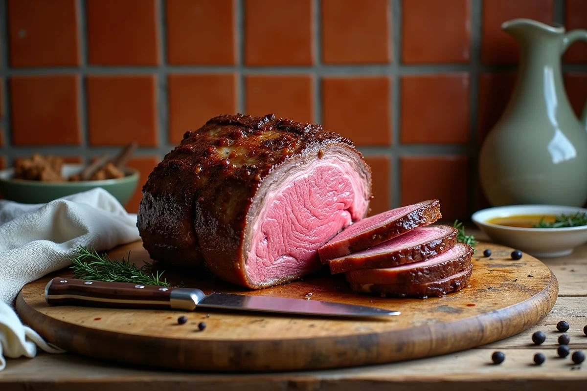 Rôti de bœuf d'un kilogramme tranché révélant un cœur rosé, posé sur une planche en bois rustique avec herbes et couteau de cuisine