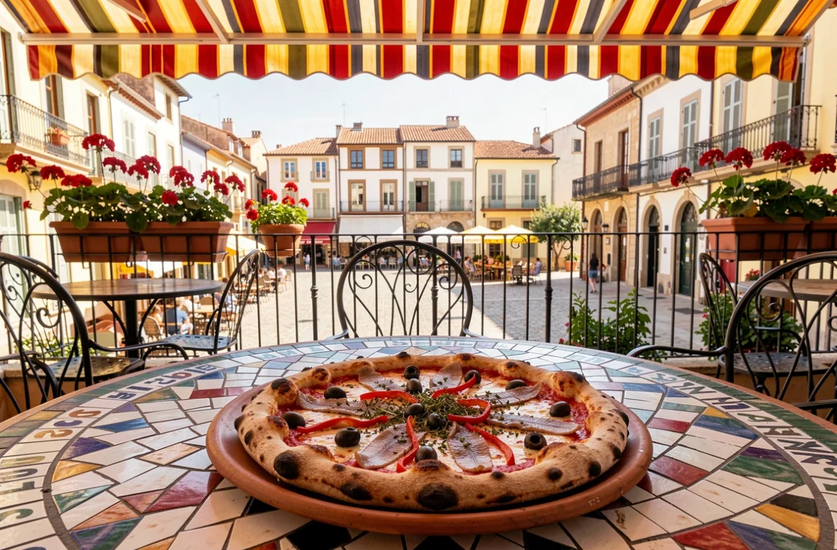 Pizza catalane aux anchois et olives sur terrasse ensoleillée de Sa Botiga à Perpignan avec vue sur la place