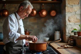 Chef professionnel préparant une sauce aux cèpes dans une casserole en cuivre dans une cuisine rustique française
