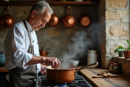 Chef professionnel préparant une sauce aux cèpes dans une casserole en cuivre dans une cuisine rustique française