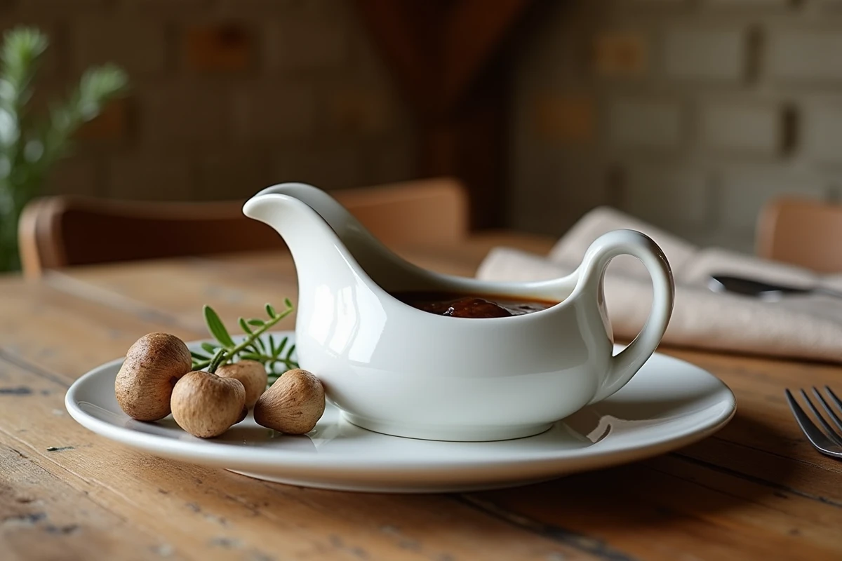 Saucière en porcelaine blanche remplie de sauce aux cèpes sur une table en bois rustique avec champignons séchés et thym