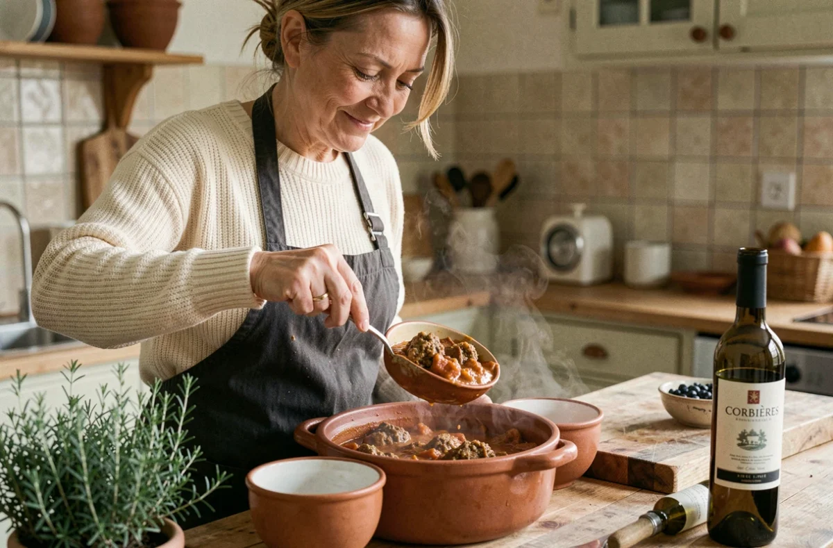 Femme servant le cassoulet toulousain dans des bols en céramique dans une cuisine de campagne française en hiver