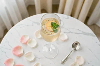 Flûte de soupe champagne de mariage garnie de pêche, menthe et paillettes d'or sur marbre blanc