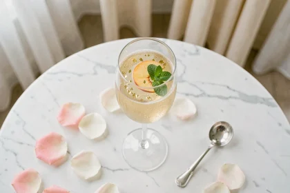 Flûte de soupe champagne de mariage garnie de pêche, menthe et paillettes d'or sur marbre blanc