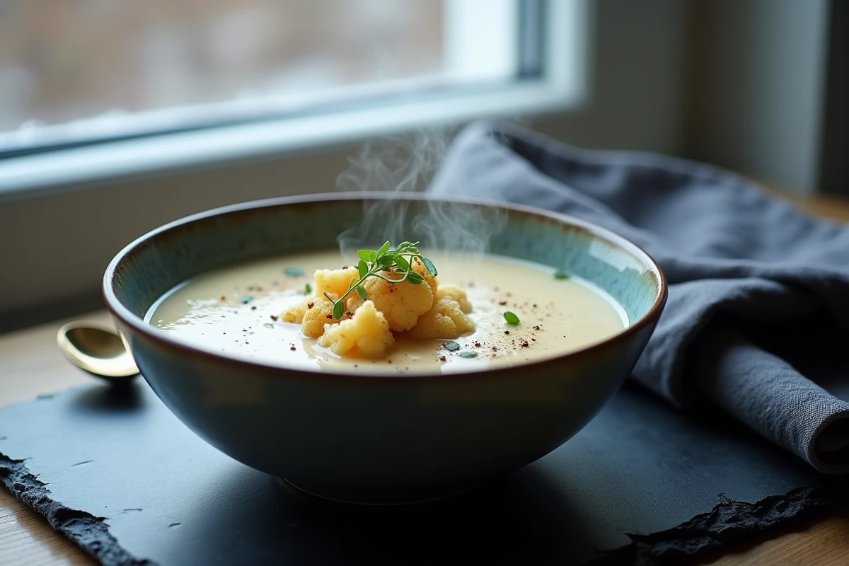 Bol de soupe de chou-fleur fumante garnie de fleurettes rôties et crème, posée sur une table en ardoise en hiver