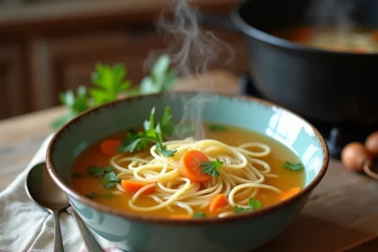 Bol de soupe vermicelle grand-mère avec bouillon doré, carottes et persil sur table en bois rustique