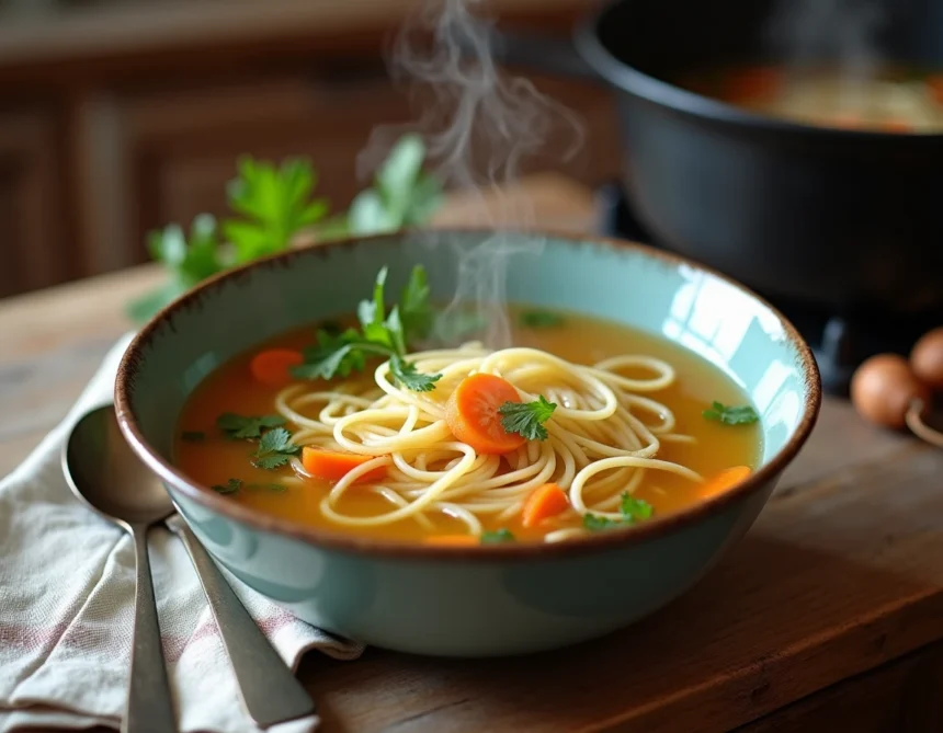 Bol de soupe vermicelle grand-mère avec bouillon doré, carottes et persil sur table en bois rustique