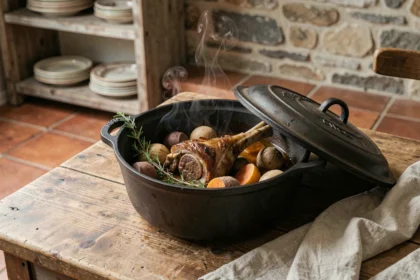 Souris d'agneau braisée dans une cocotte en fonte sur une table de cuisine rustique française