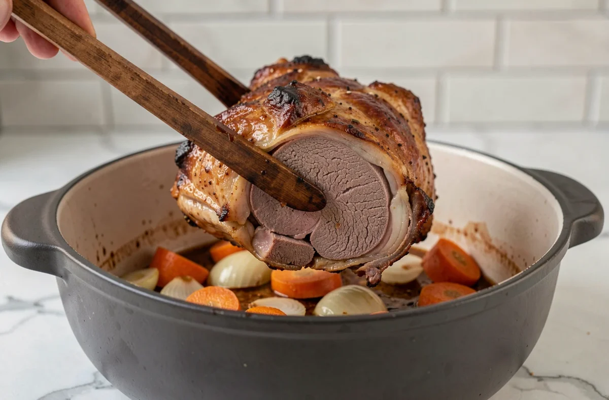 Gros plan d'une souris d'agneau sortie de la cocotte avec un jus de braisage brillant