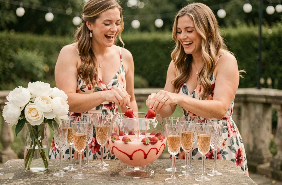 Station de soupe champagne rose pour mariage avec bol en verre et demoiselles d'honneur souriantes en terrasse