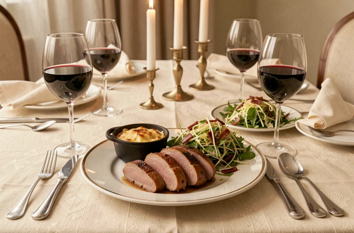 Table de dîner élégante avec confit de canard, gratin dauphinois et salade frisée aux lardons pour un repas chic en duo