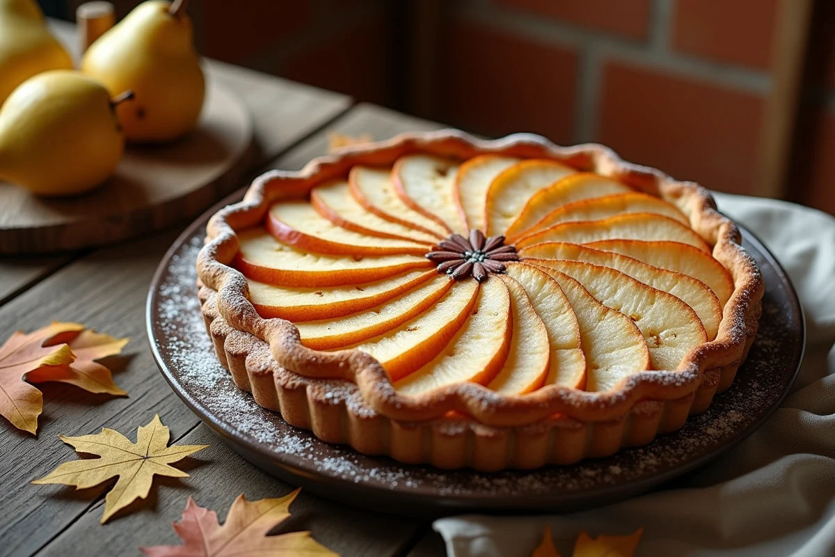 Tarte aux poires maison posée sur une table en bois rustique avec des poires fraîches à côté