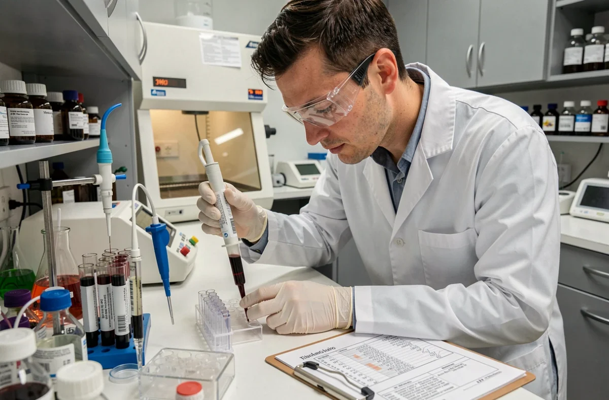 Technicien de laboratoire analysant des marqueurs biochimiques sériques dans un laboratoire de toxicologie médico-légale