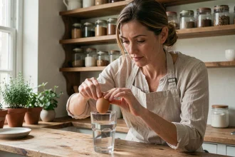 Femme testant la fraîcheur d'un œuf dans un verre d'eau dans une cuisine rustique en bois