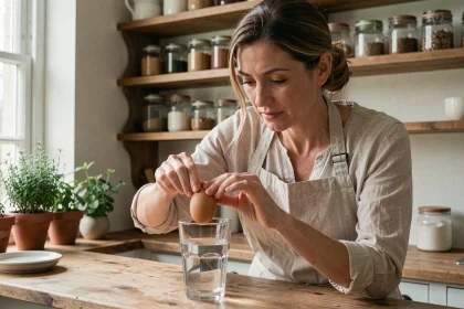 Femme testant la fraîcheur d'un œuf dans un verre d'eau dans une cuisine rustique en bois