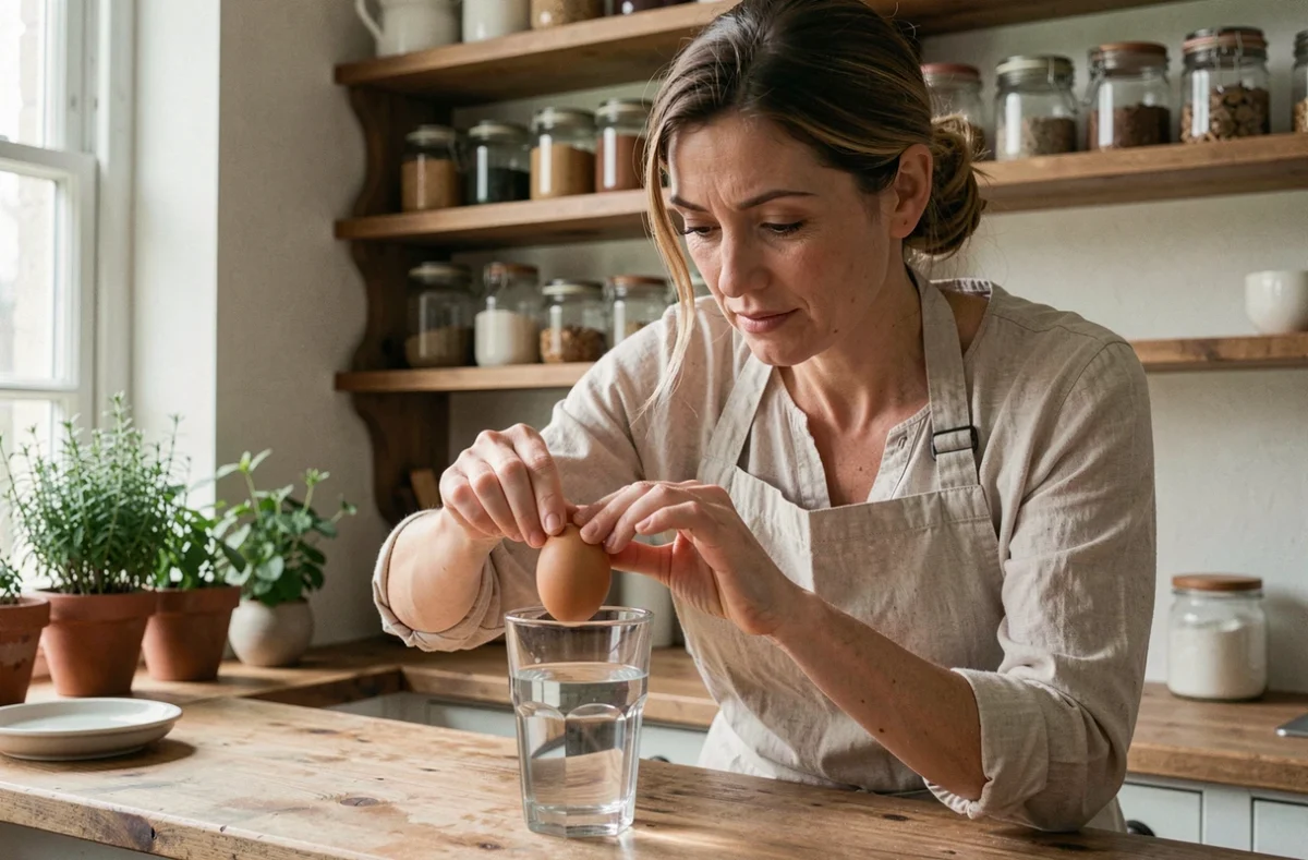 Femme testant la fraîcheur d'un œuf dans un verre d'eau dans une cuisine rustique en bois