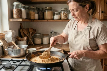 Femme torréfiant de la poudre d'amandes dans une poêle en fonte sur une cuisinière à gaz dans une cuisine rustique
