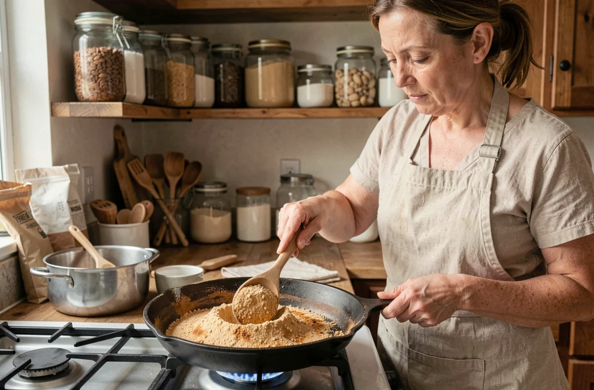 Femme torréfiant de la poudre d'amandes dans une poêle en fonte sur une cuisinière à gaz dans une cuisine rustique