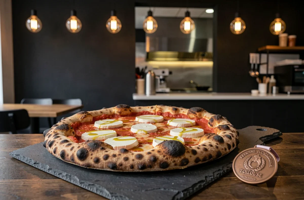 Pizza primée de Toto Bello à Toulouse posée sur une ardoise avec une médaille de compétition à côté