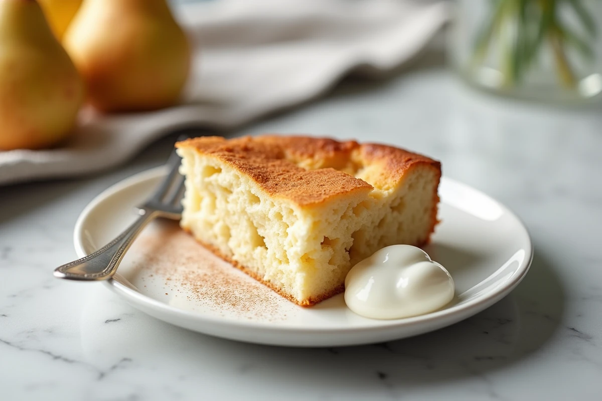 Tranche de gâteau au yaourt et aux poires sur une assiette blanche avec garniture de yaourt nature