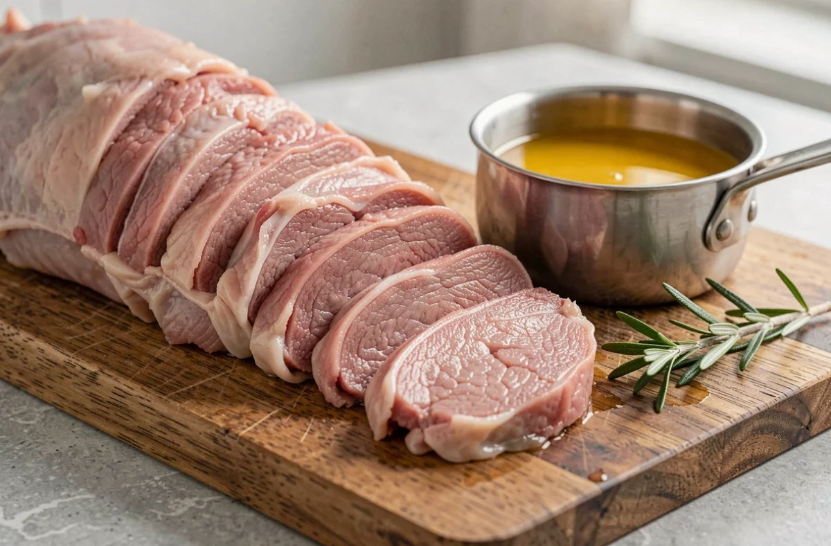 Tranches de chapon réchauffé disposées sur une planche à découper en bois avec une casserole de jus doré pour conserver le moelleux