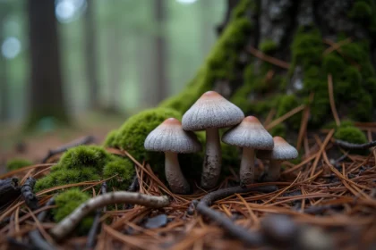 Champignons Tricholoma terreum, dits Charbonniers, poussant sur un sol forestier de pins recouvert d'aiguilles et de mousse en forêt de conifères