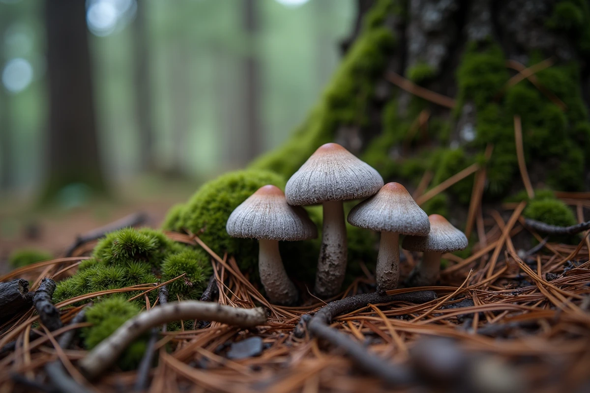 Champignons Tricholoma terreum, dits Charbonniers, poussant sur un sol forestier de pins recouvert d'aiguilles et de mousse en forêt de conifères