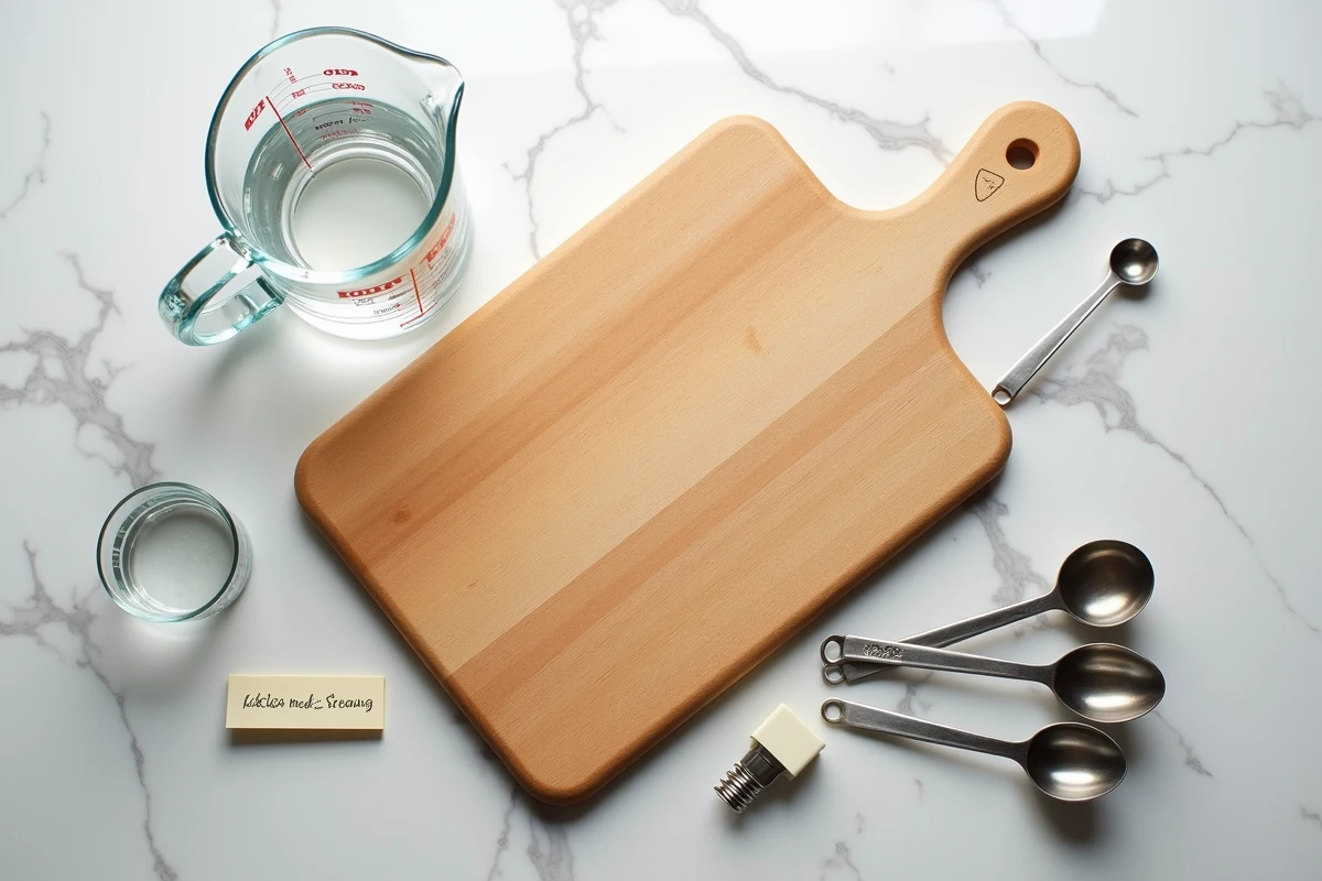 Vue aérienne d'ustensiles de mesure culinaires incluant un ramequin de 10 cl et un pichet d'un litre sur plan de travail en marbre