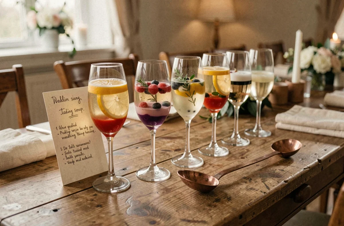 Rangée de variantes de soupe champagne festive dans des flûtes sur table en bois rustique de salle de mariage