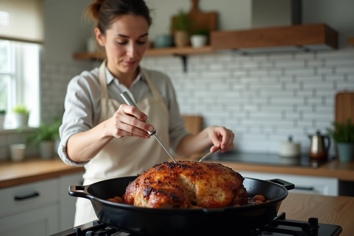 Cuisinière vérifiant la température interne d'un rôti de bœuf d'un kilogramme avec un thermomètre à viande dans une cocotte en fonte