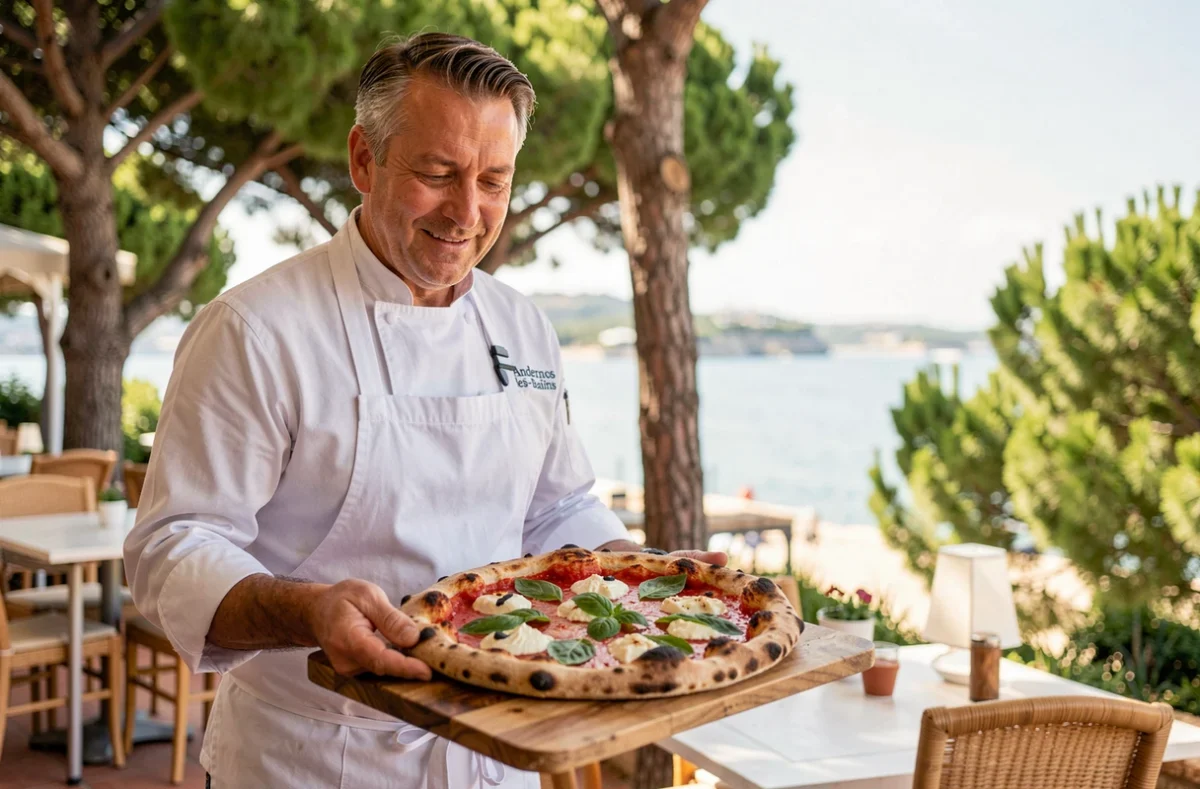 Chef de la Villa Rado à Andernos-les-Bains présentant une pizza napolitaine avec vue sur le Bassin d'Arcachon